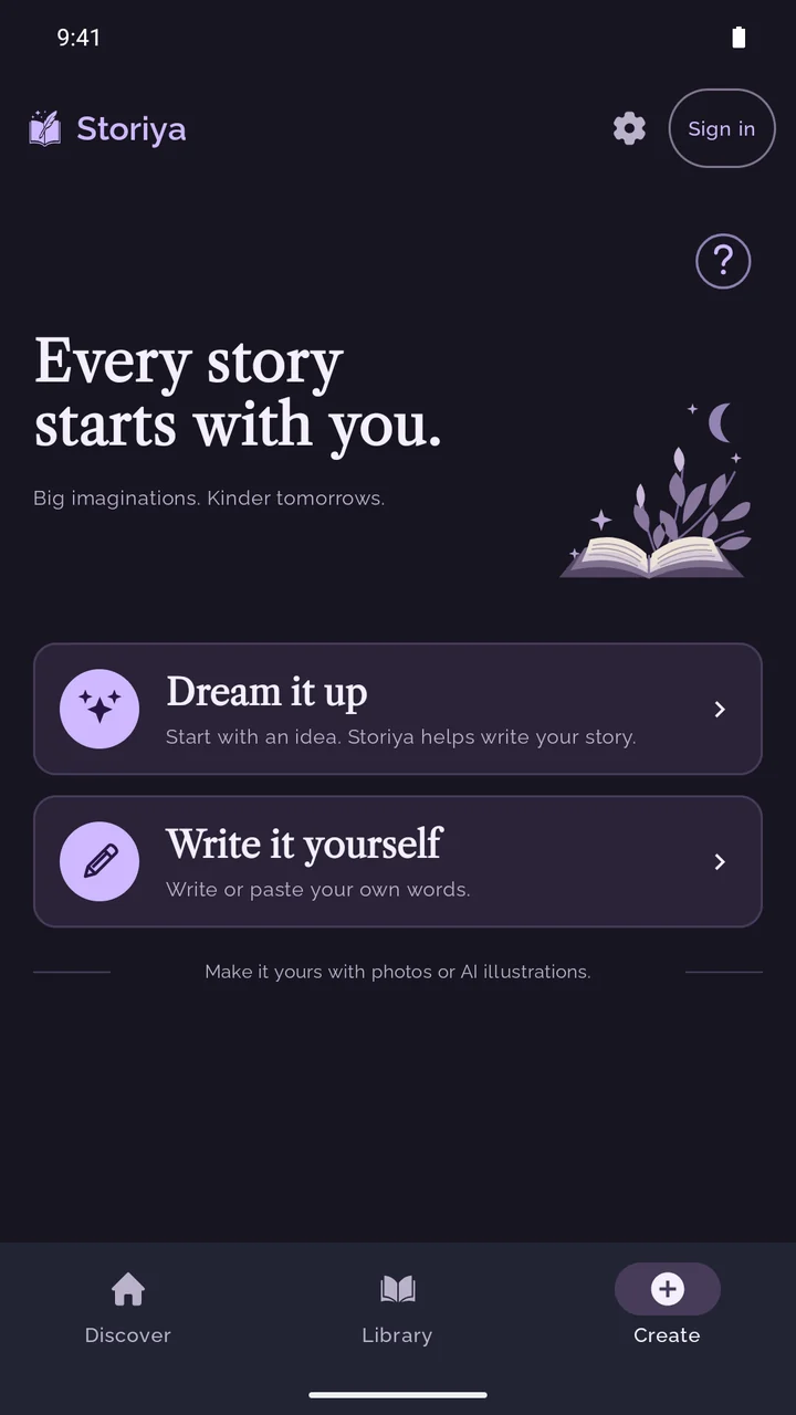 Upcoming Storiya Create screen with Dream it up and Write it yourself.
