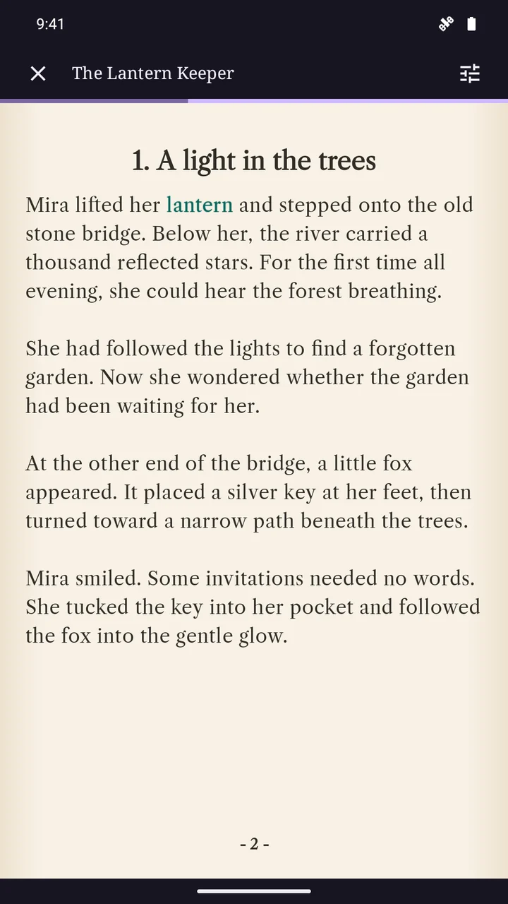Storiya reader showing an illustrated story with a word highlighted during narration.