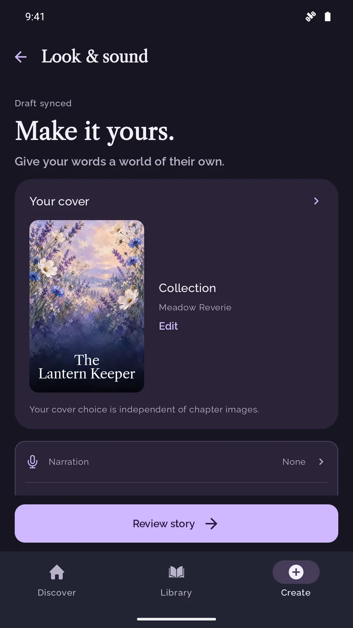 Storiya story customization with a lavender floral cover and narration choices.