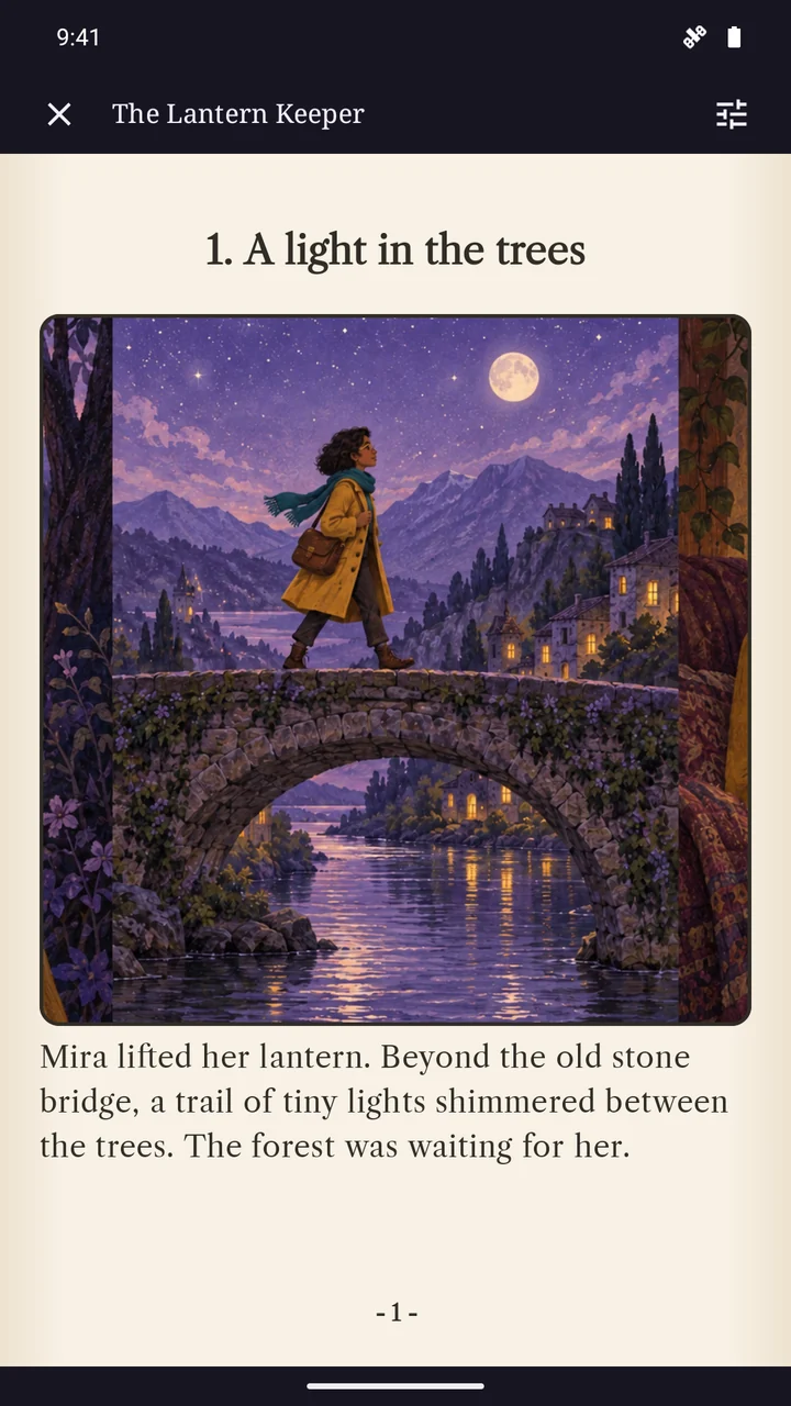 An illustrated story in Storiya's reader, with a traveller crossing a moonlit bridge.